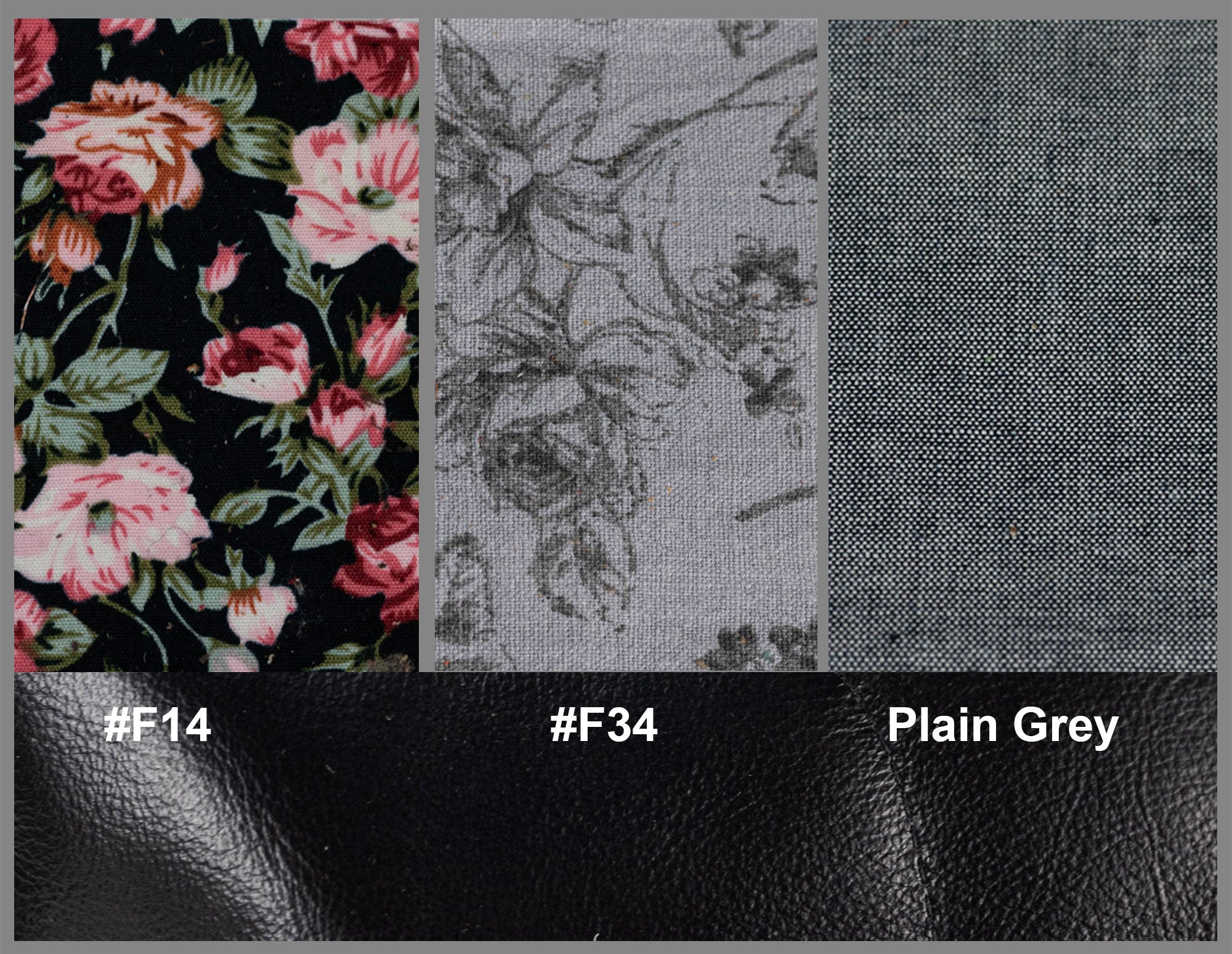 Fabric swatches with floral pattern, textured pattern, and plain gray fabric.
