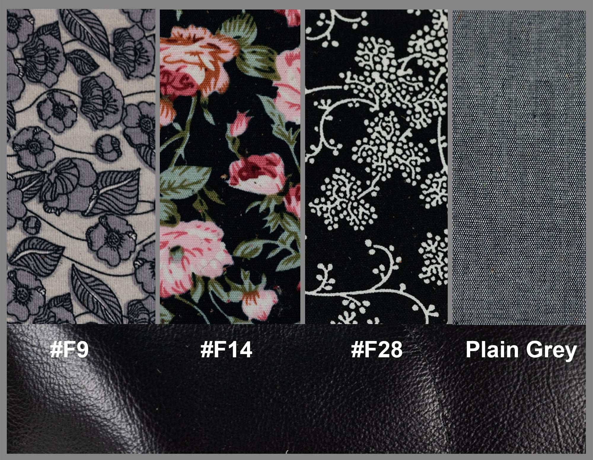 Fabric swatches with floral and leaf patterns alongside plain gray fabric, labeled with color codes.