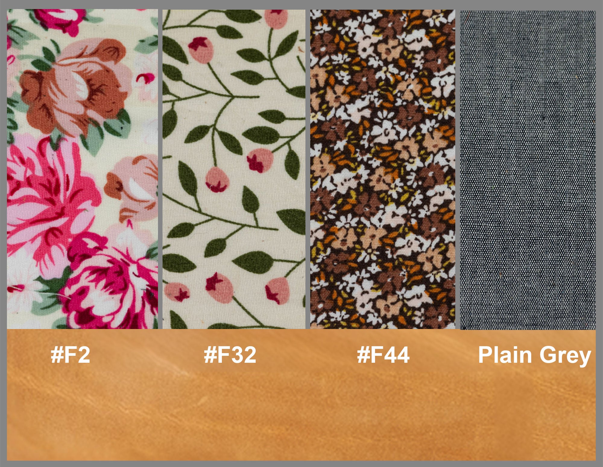 Fabric swatches with floral and patterned designs, labeled with color codes and names.