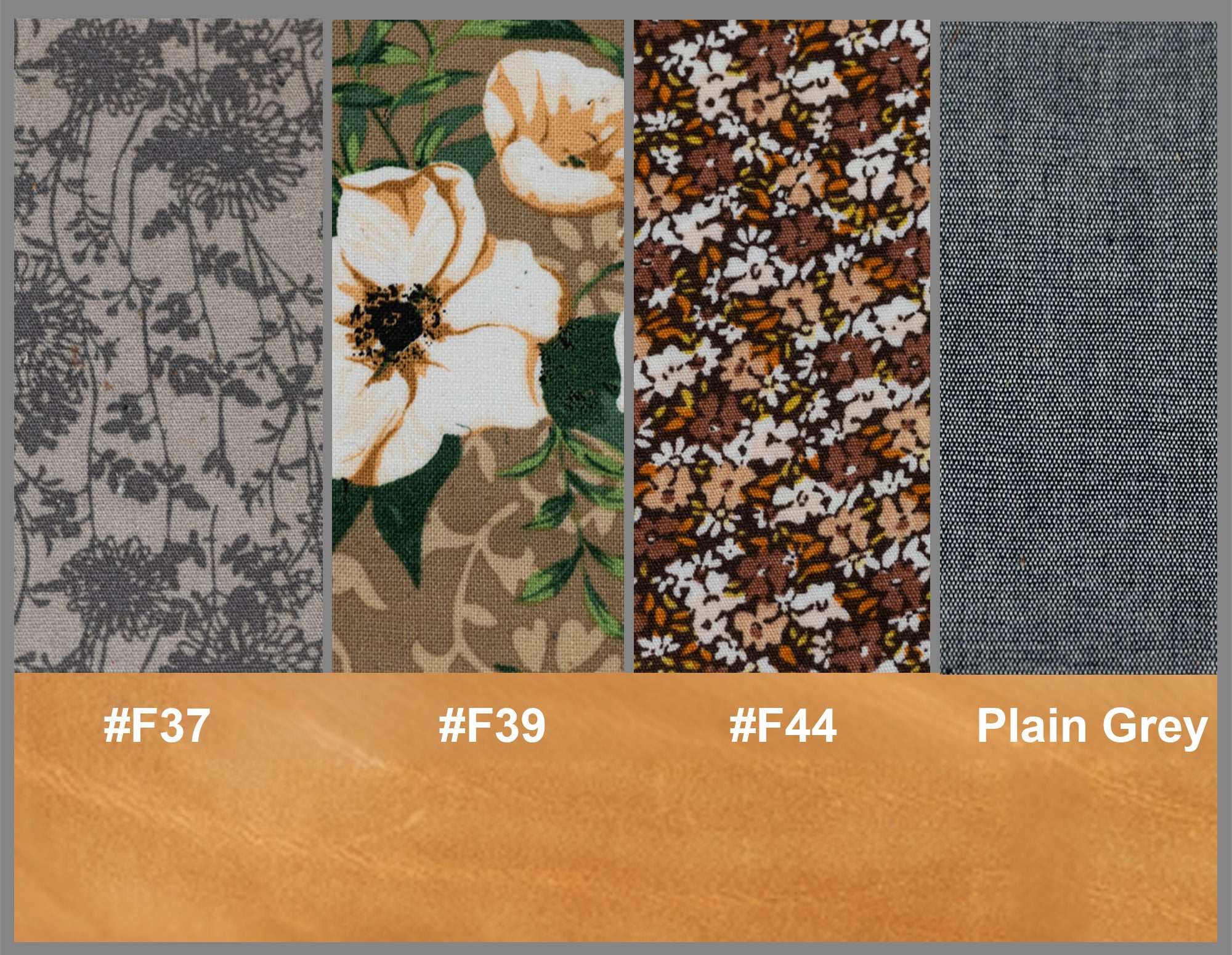 Fabric swatches with floral and abstract patterns and color codes.