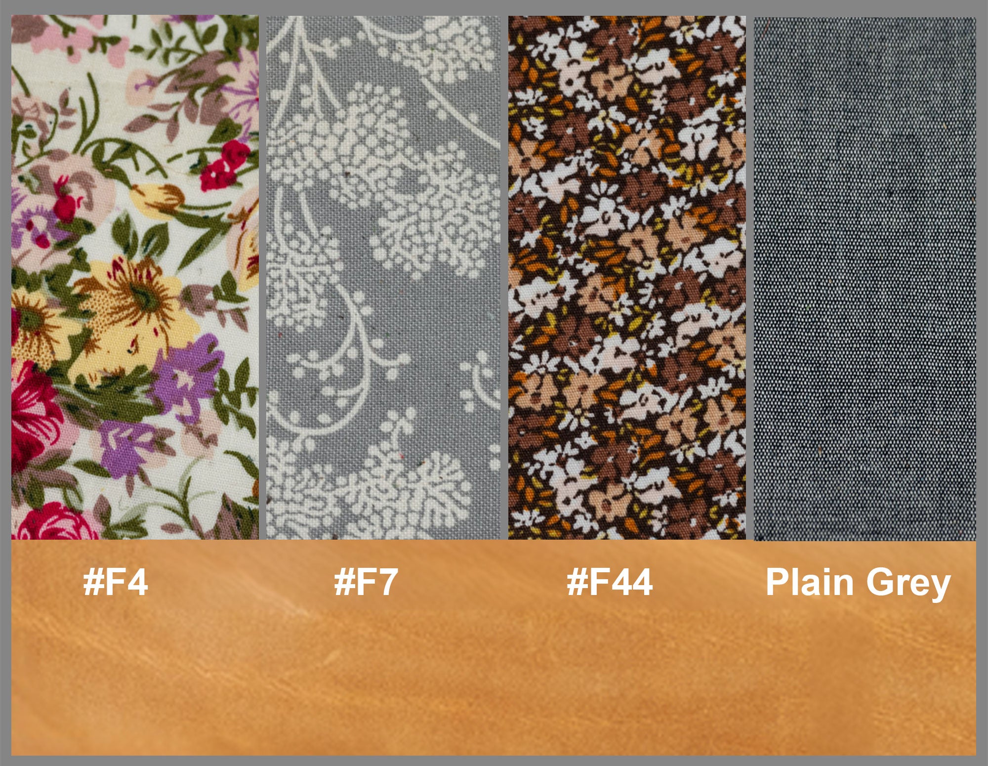 Fabric swatches with floral, patterned, and plain designs on a brown bar with color codes and text.
