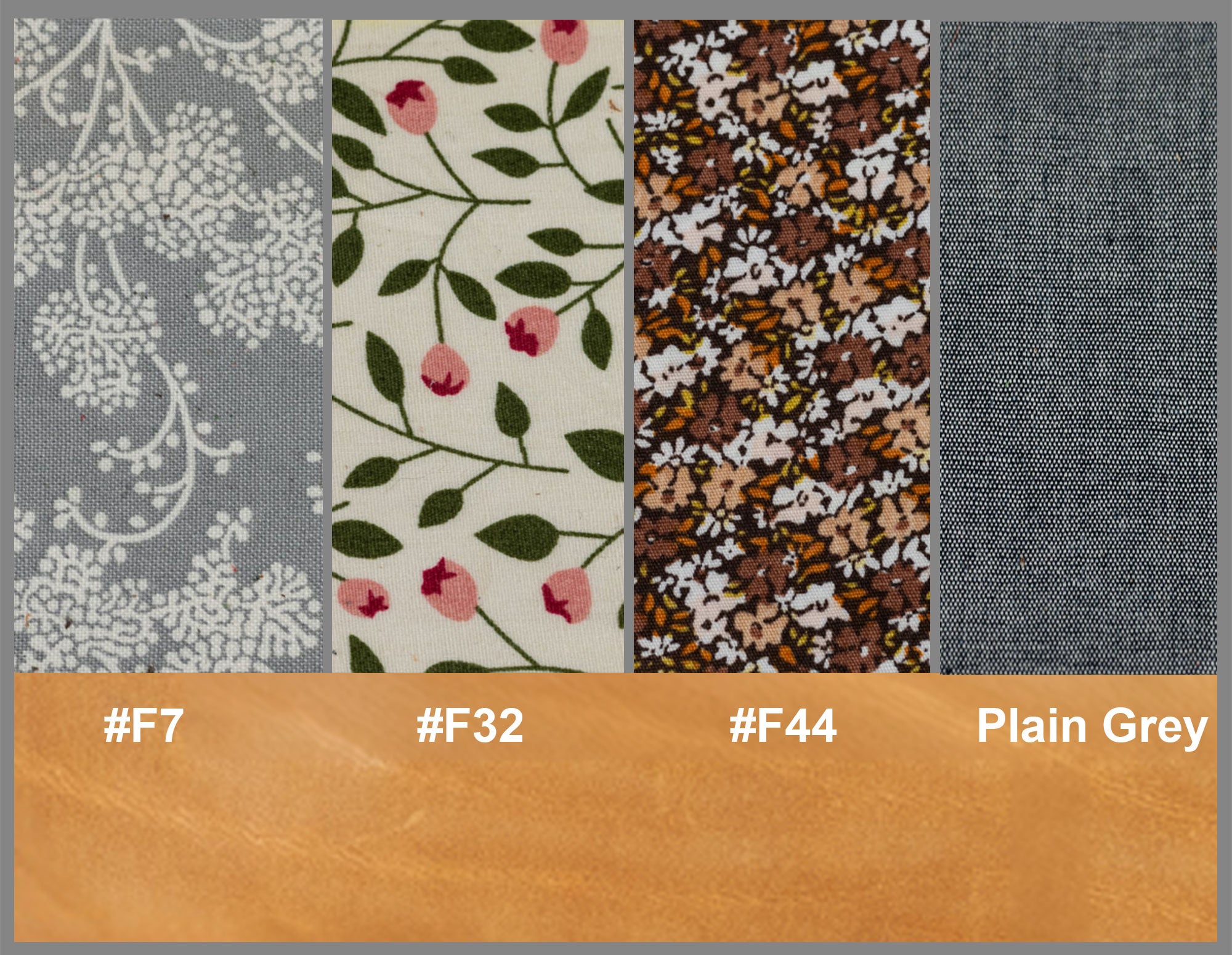 Four fabric swatches with different patterns and a color bar below.