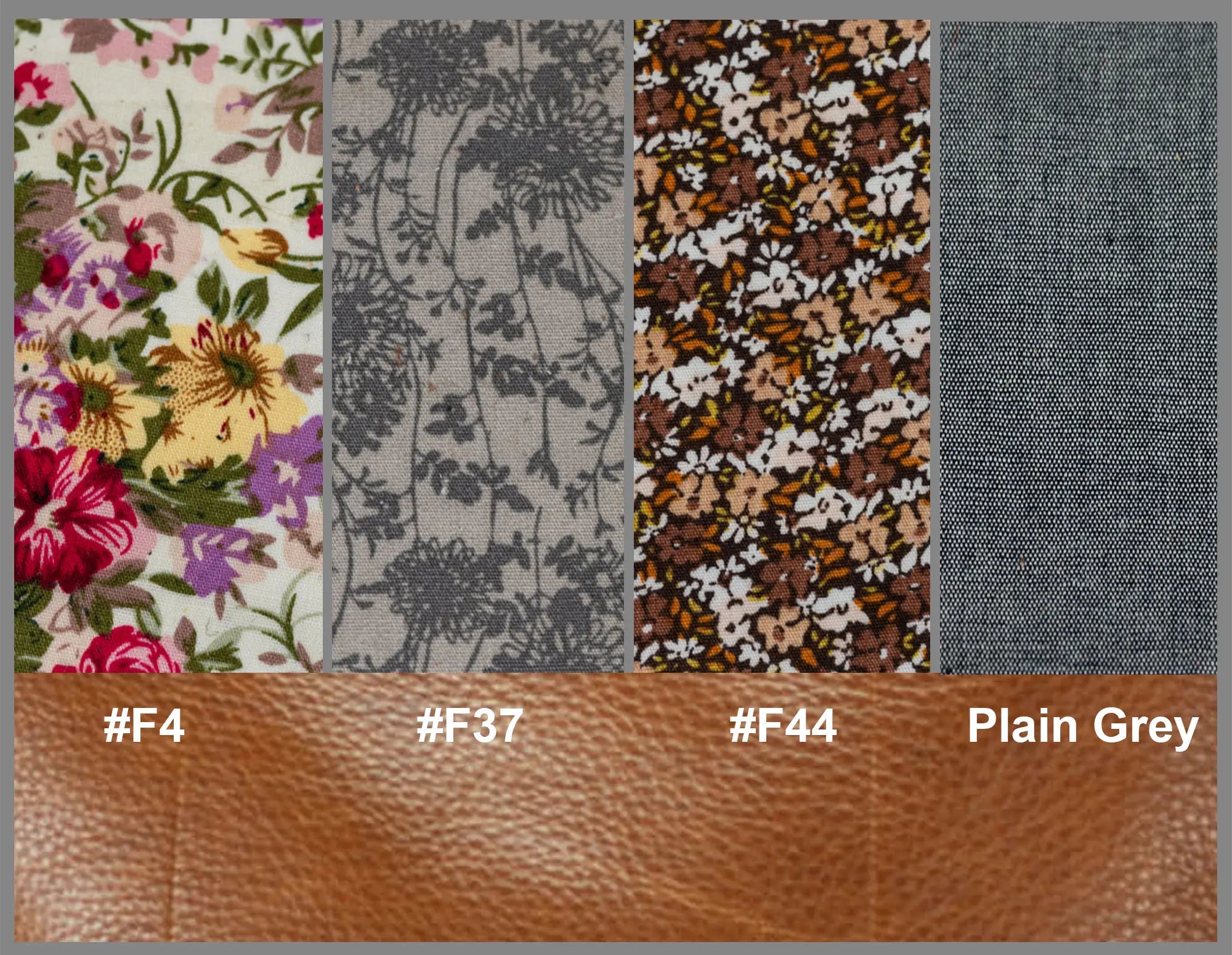 Fabric swatches with floral, gray, and brown patterns, along with color codes and a plain gray swatch.