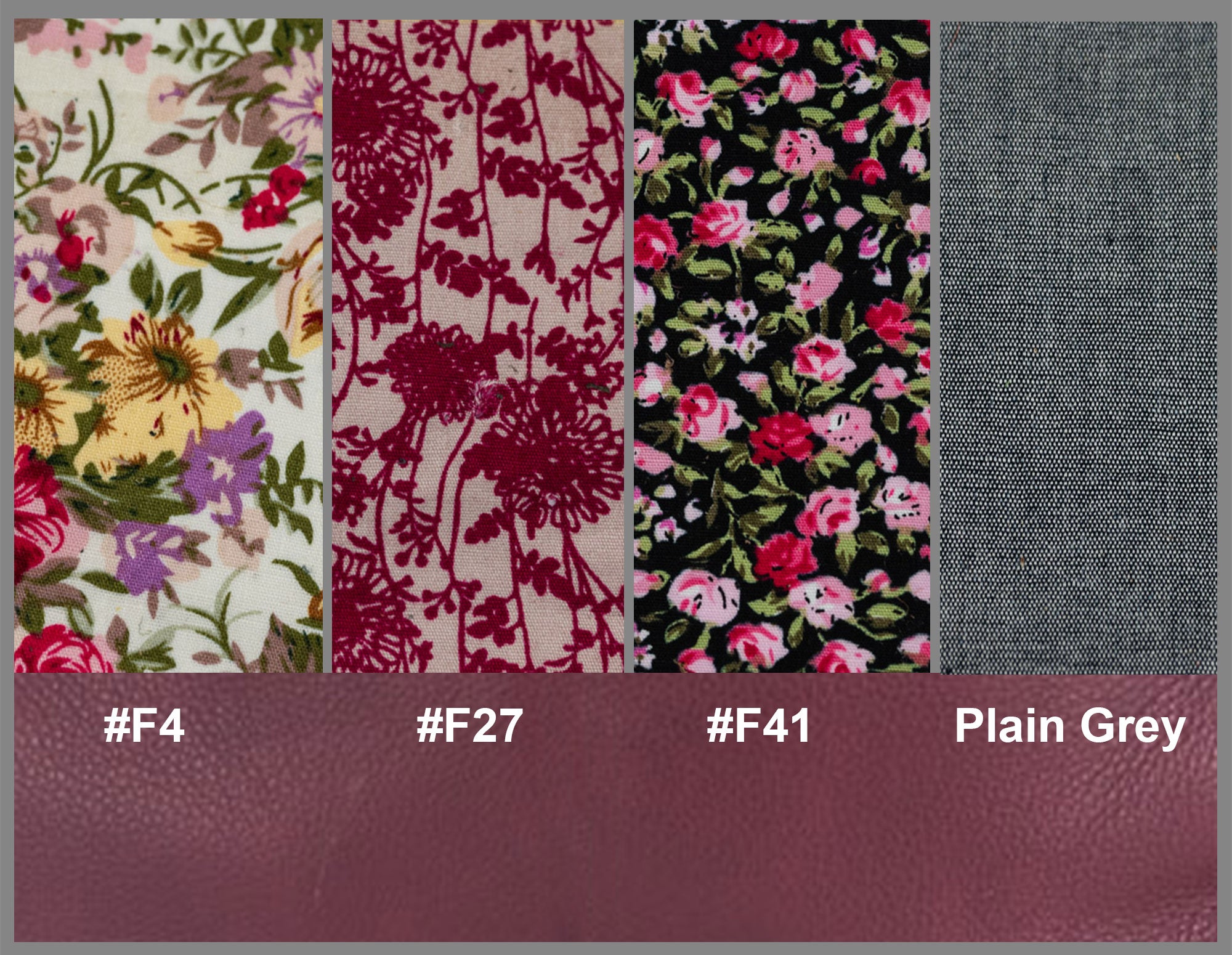 Four fabric swatches with floral and plain patterns, labeled with color codes and text.