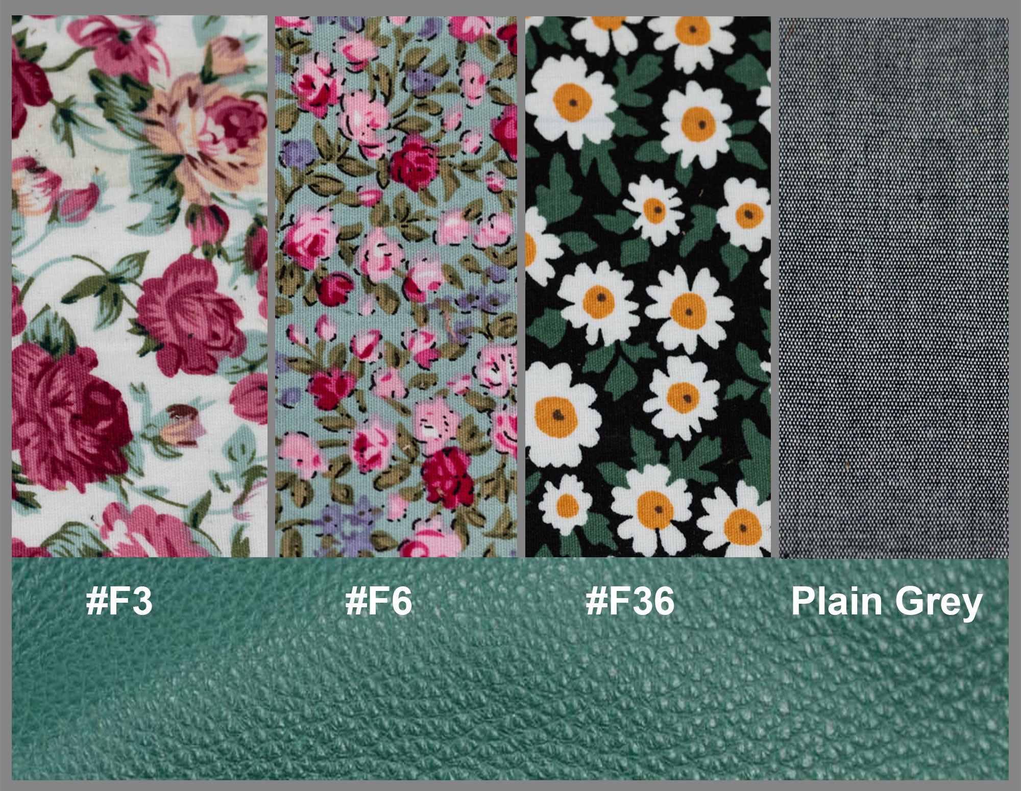 Fabric swatches with floral and daisy patterns alongside plain gray fabric, with color codes F3, F6, F36, and Plain Gray.