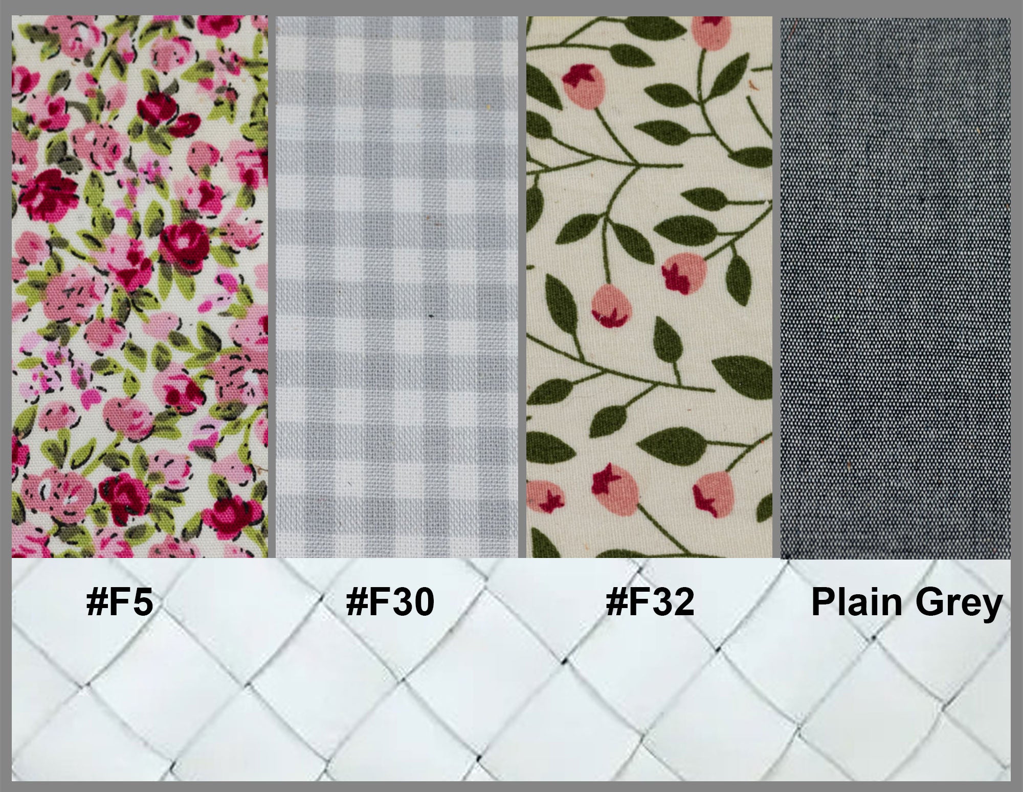 Four fabric swatches with floral, checkered, and leaf patterns on a tiled background.