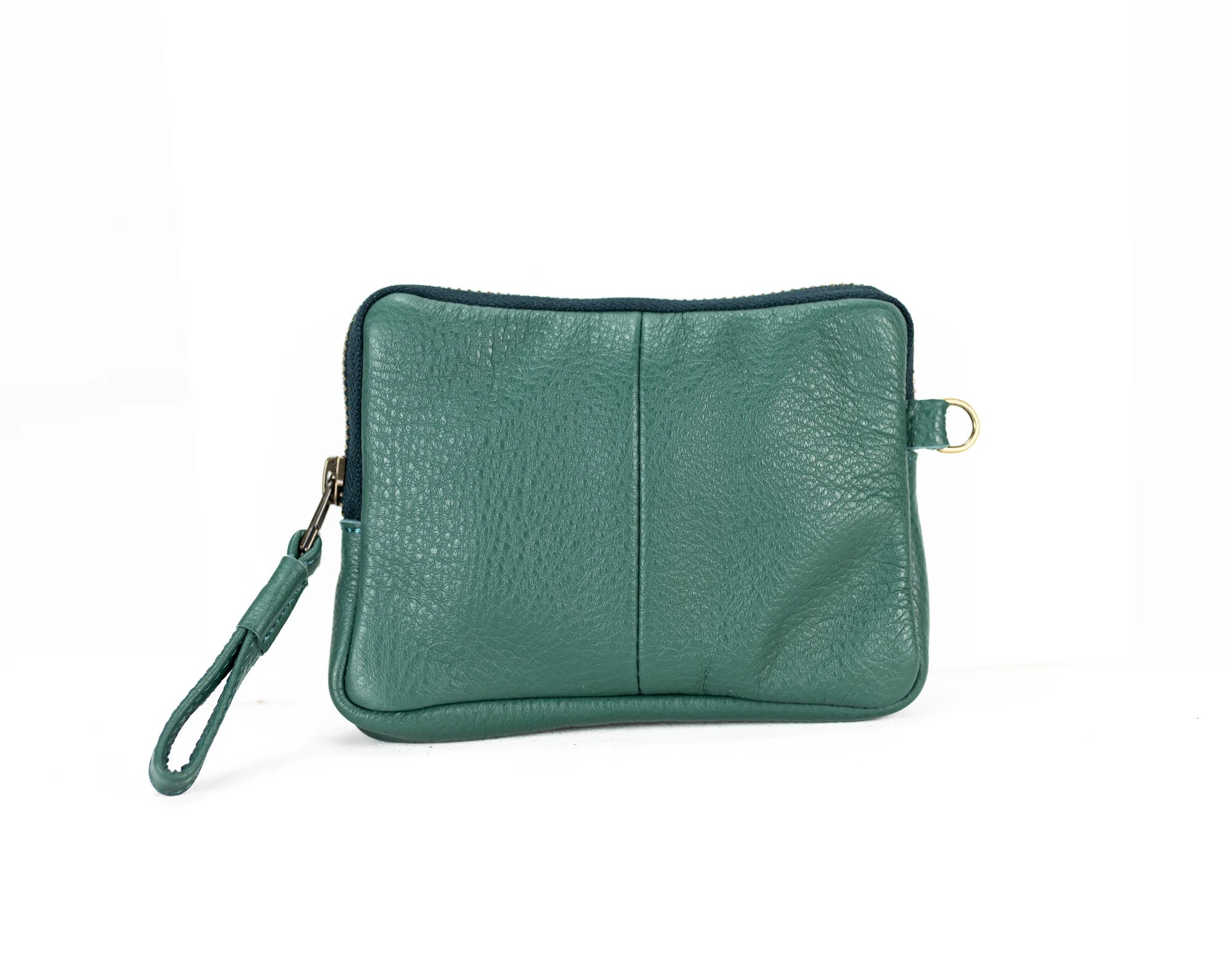 Green leather clutch bag on a white background
