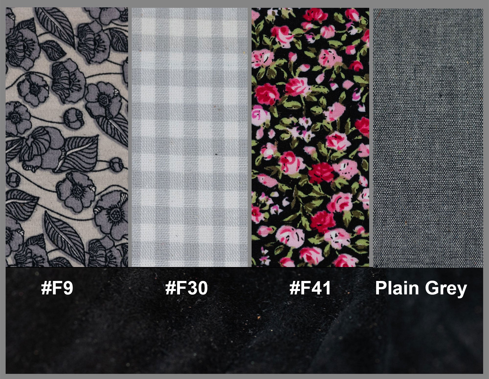 Four fabric swatches with floral, checkered, and plain patterns on a dark background.