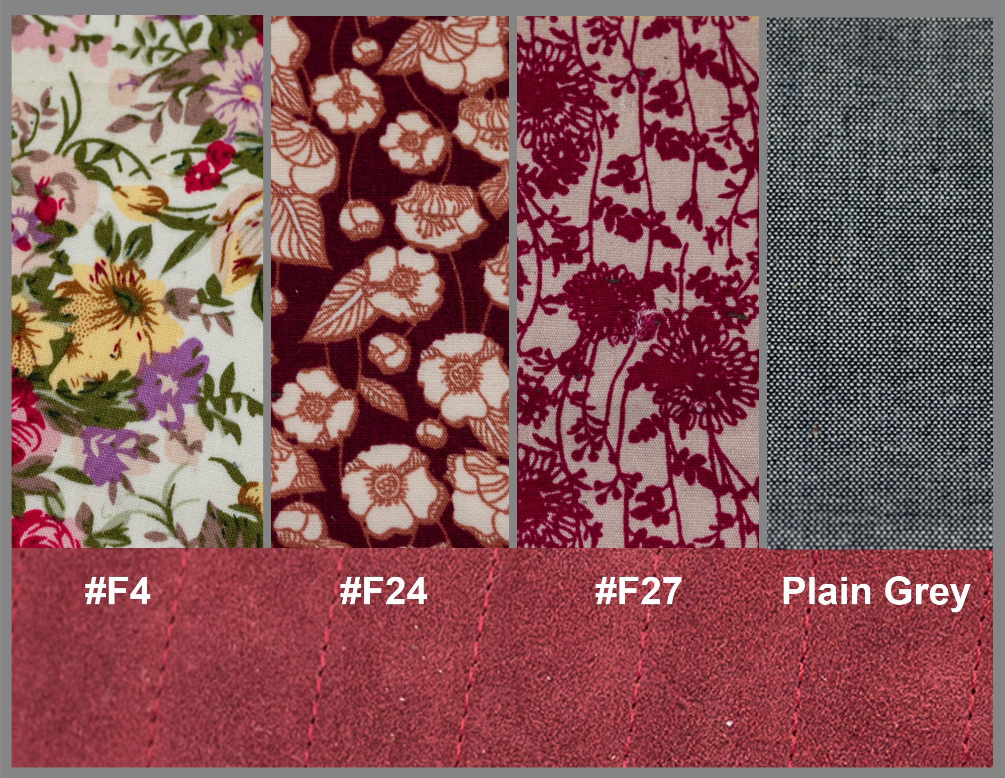 Four fabric swatches with floral patterns and a plain gray swatch, each labeled with a color code.