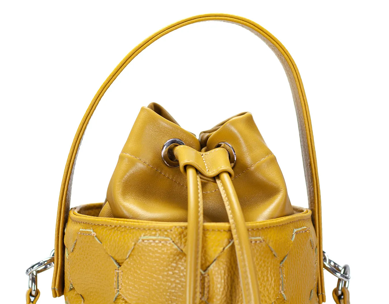 yellow leather handwoven mini bucket bag
