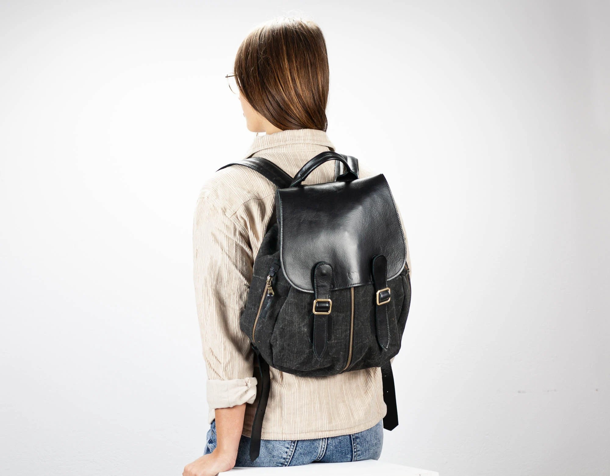 Artemis Backpack - Black Leather Cotton Leather & Canvas