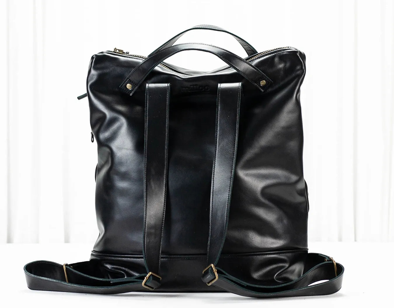 Black leather backpack on a white background