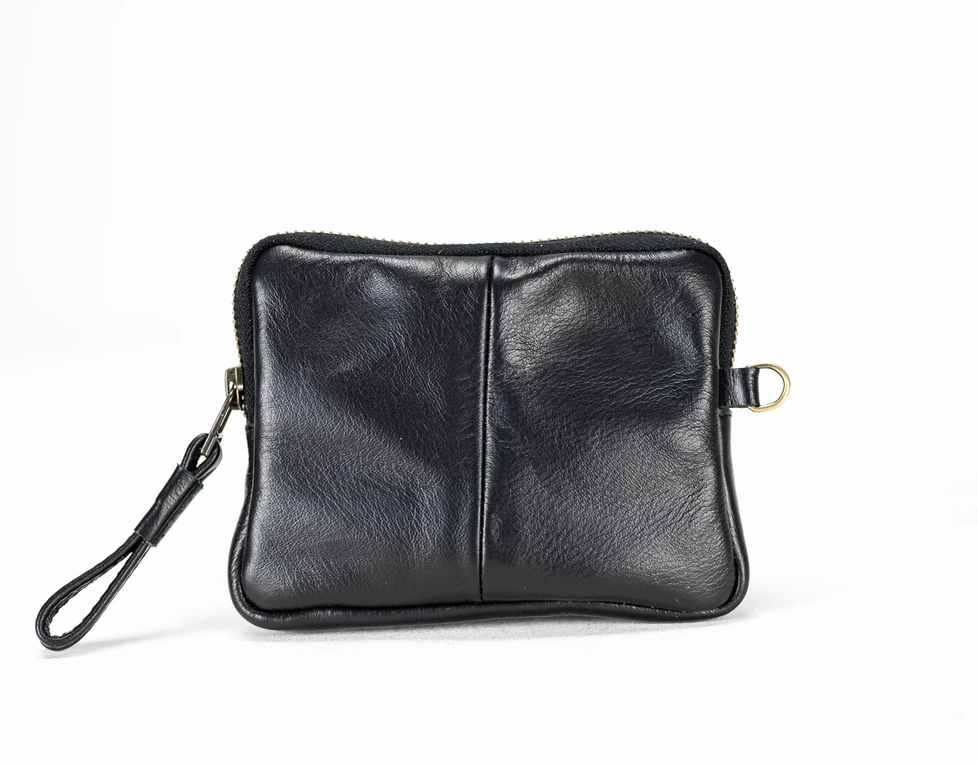 Black leather clutch bag on a white background