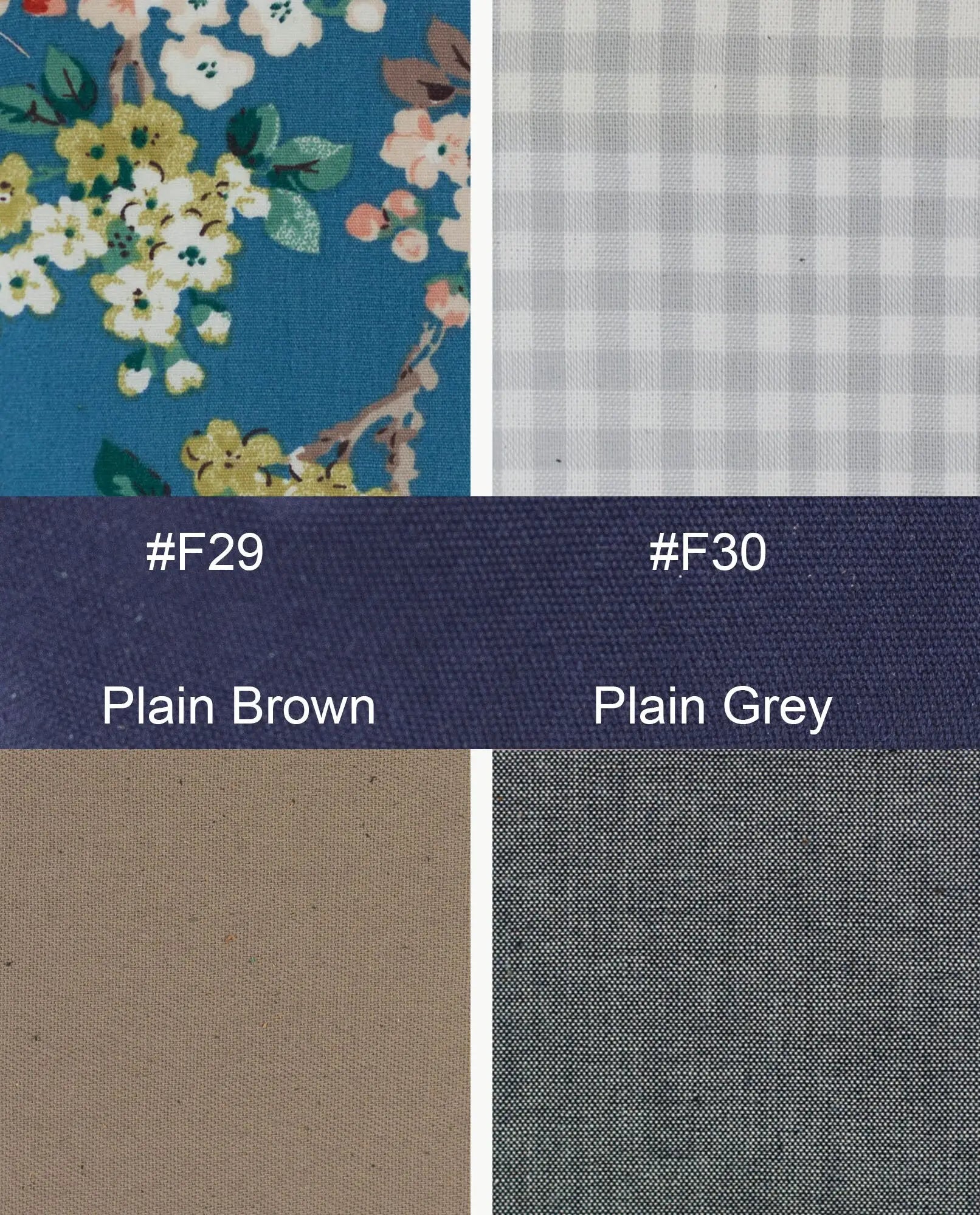 Color swatches including floral pattern, plain brown, plain grey, and checkered pattern.