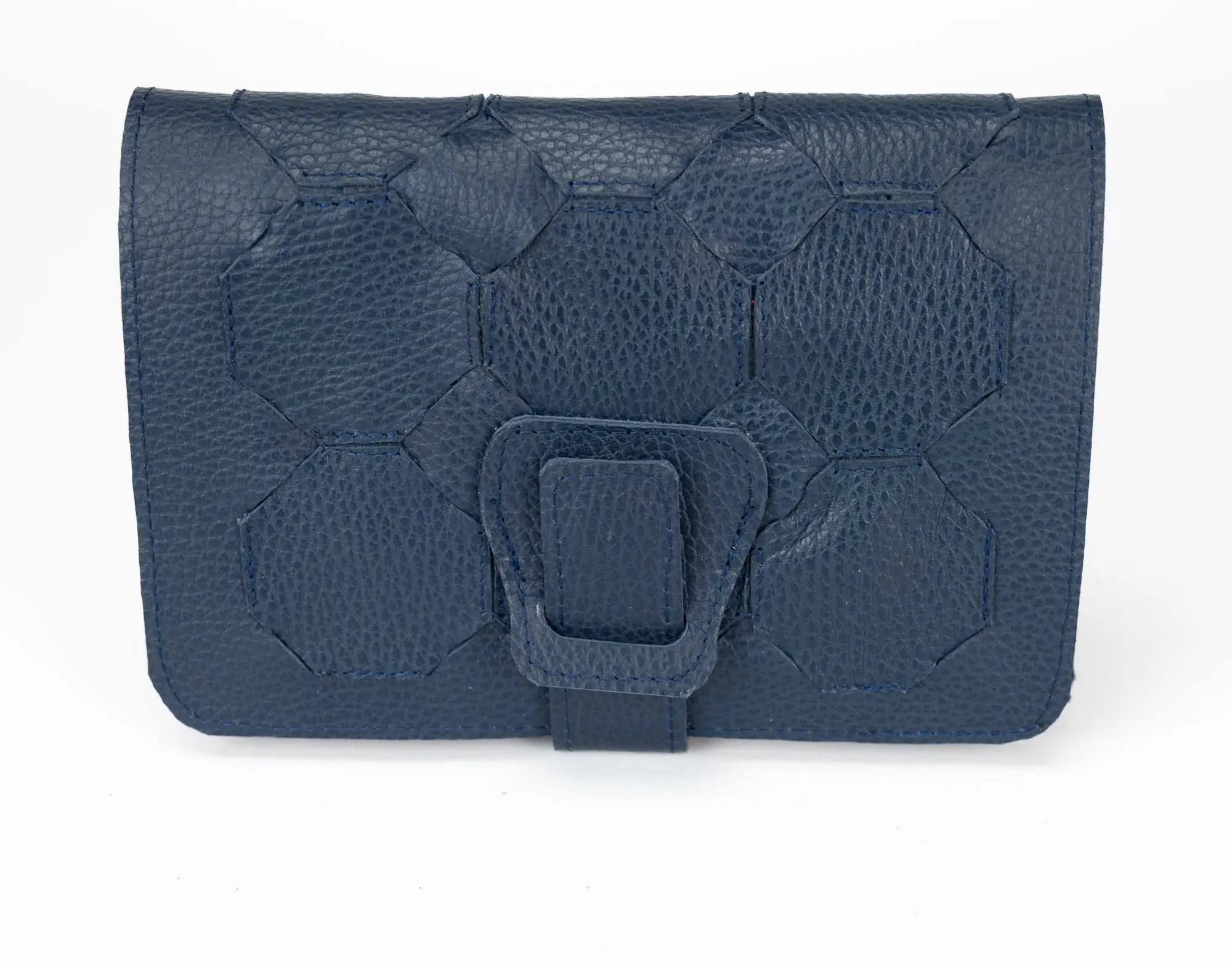 Blue textured clutch bag with a buckle on a white background