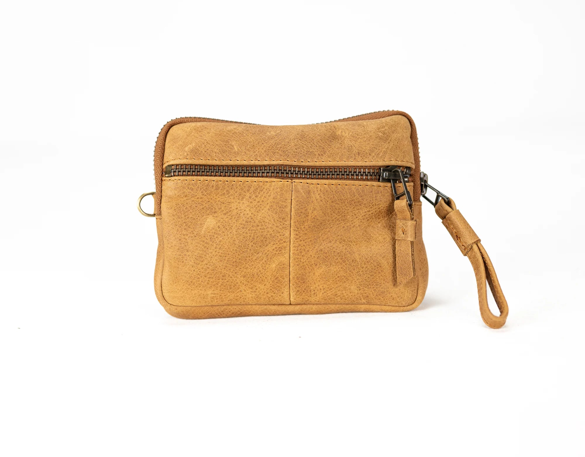 Brown leather pouch with a zipper on a white background