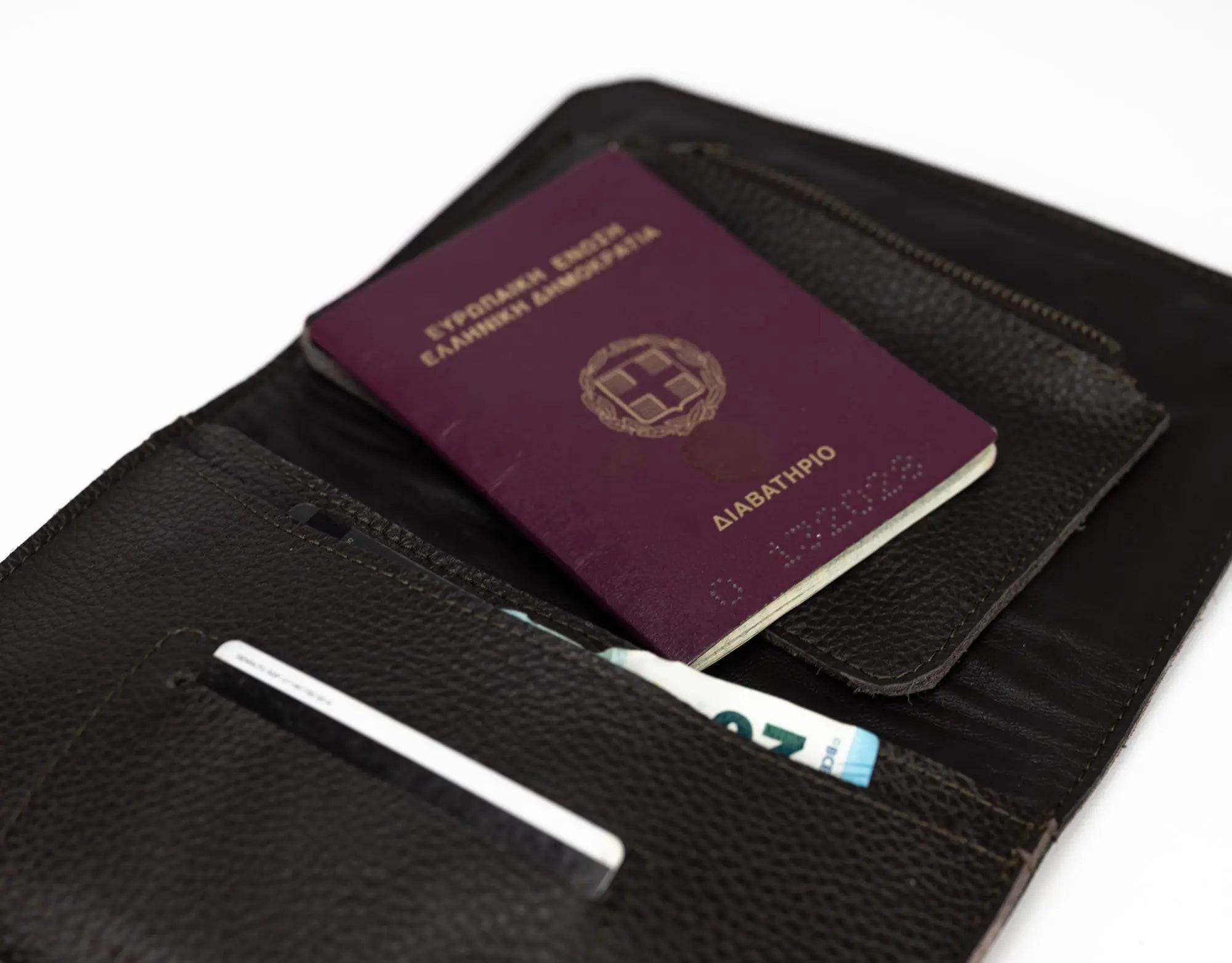 Brown leather wallet wallet with a passport and card holder on a white background