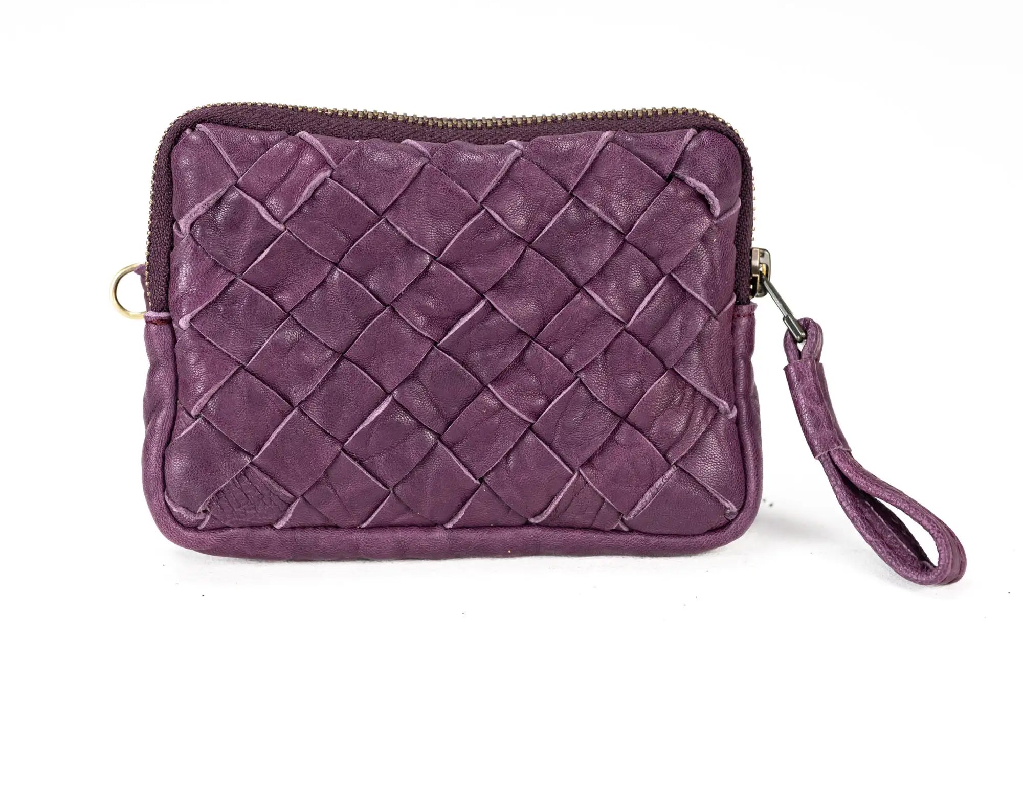 Purple woven clutch bag with a strap on a white background