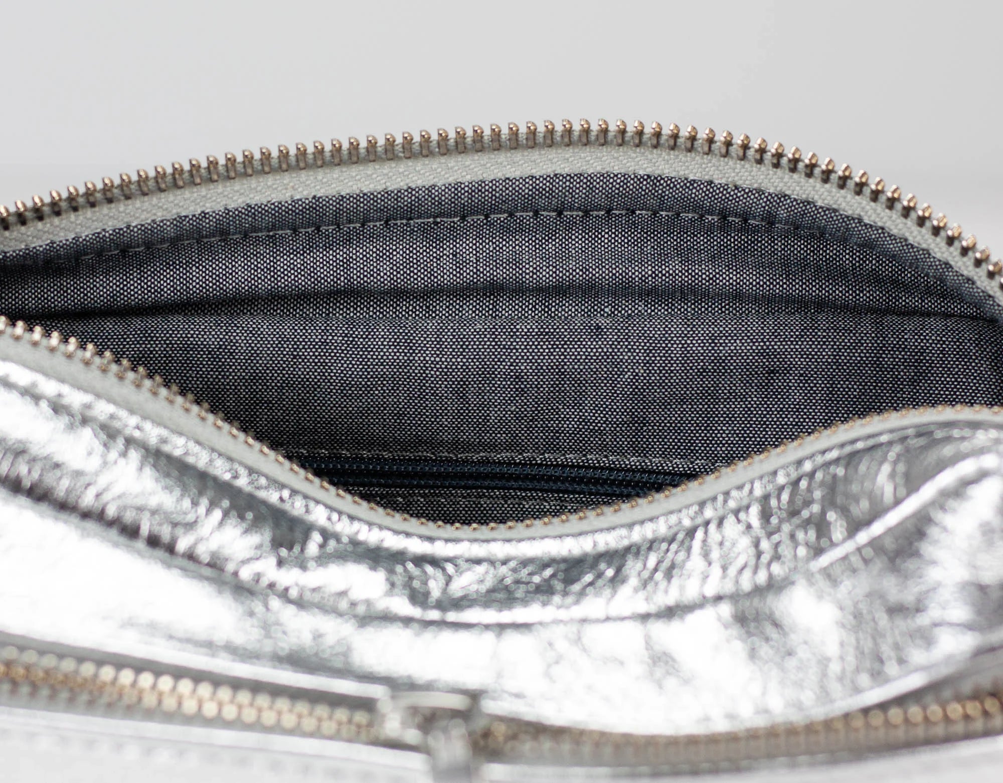 Close-up of a silver metallic pouch with a zipper