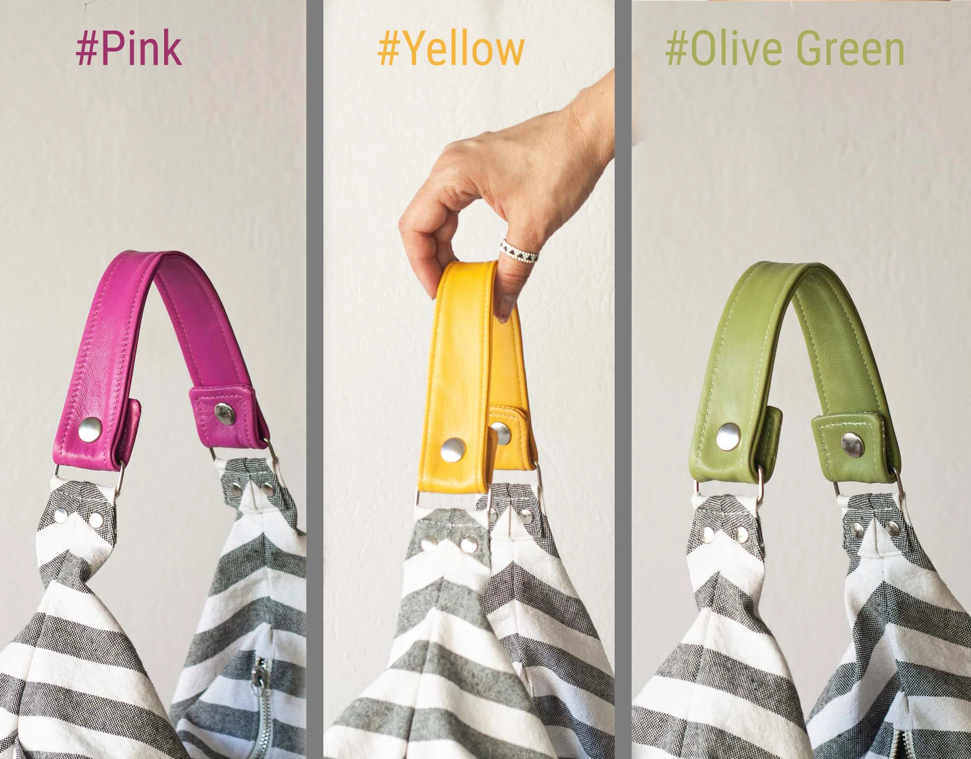 Three colorful handles on a striped bag with color labels above them.