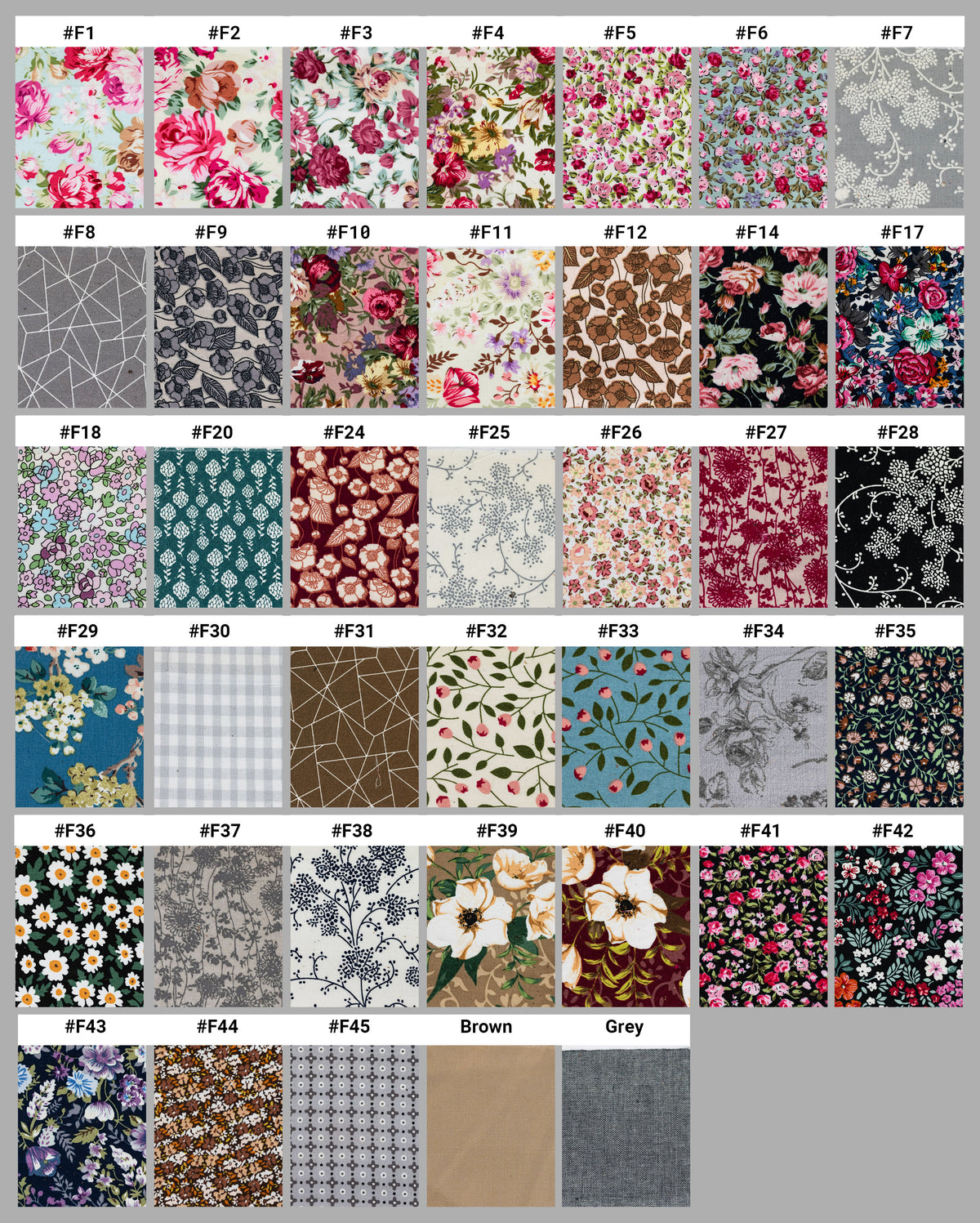 Grid of various floral and geometric patterned fabric swatches.