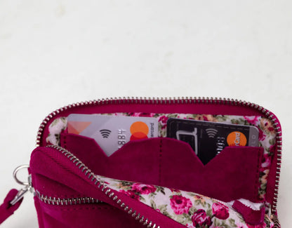 Pink floral-patterned wallet with zipper on a white background
