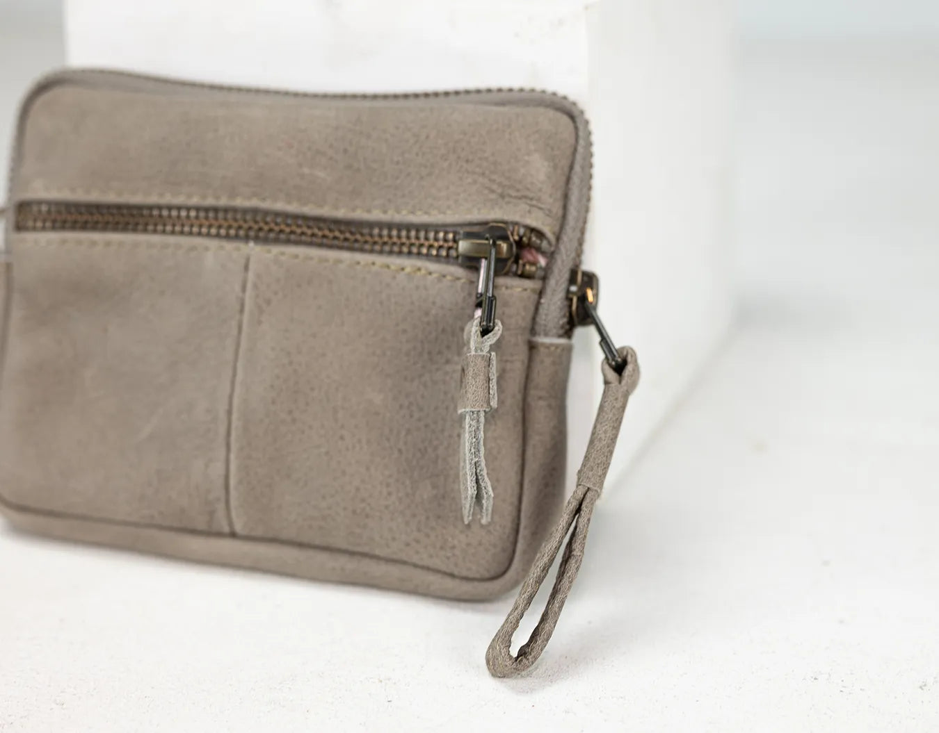 Grey pouch with a zipper on a white background