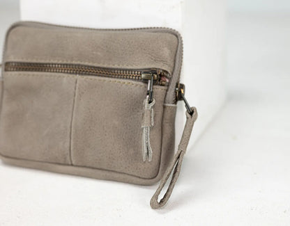 Grey pouch with a zipper on a white background
