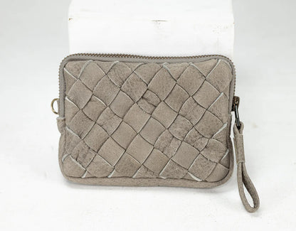 Woven gray clutch bag on a white background