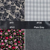 Fabric swatches with floral, checkered, and plain patterns labeled with color codes.