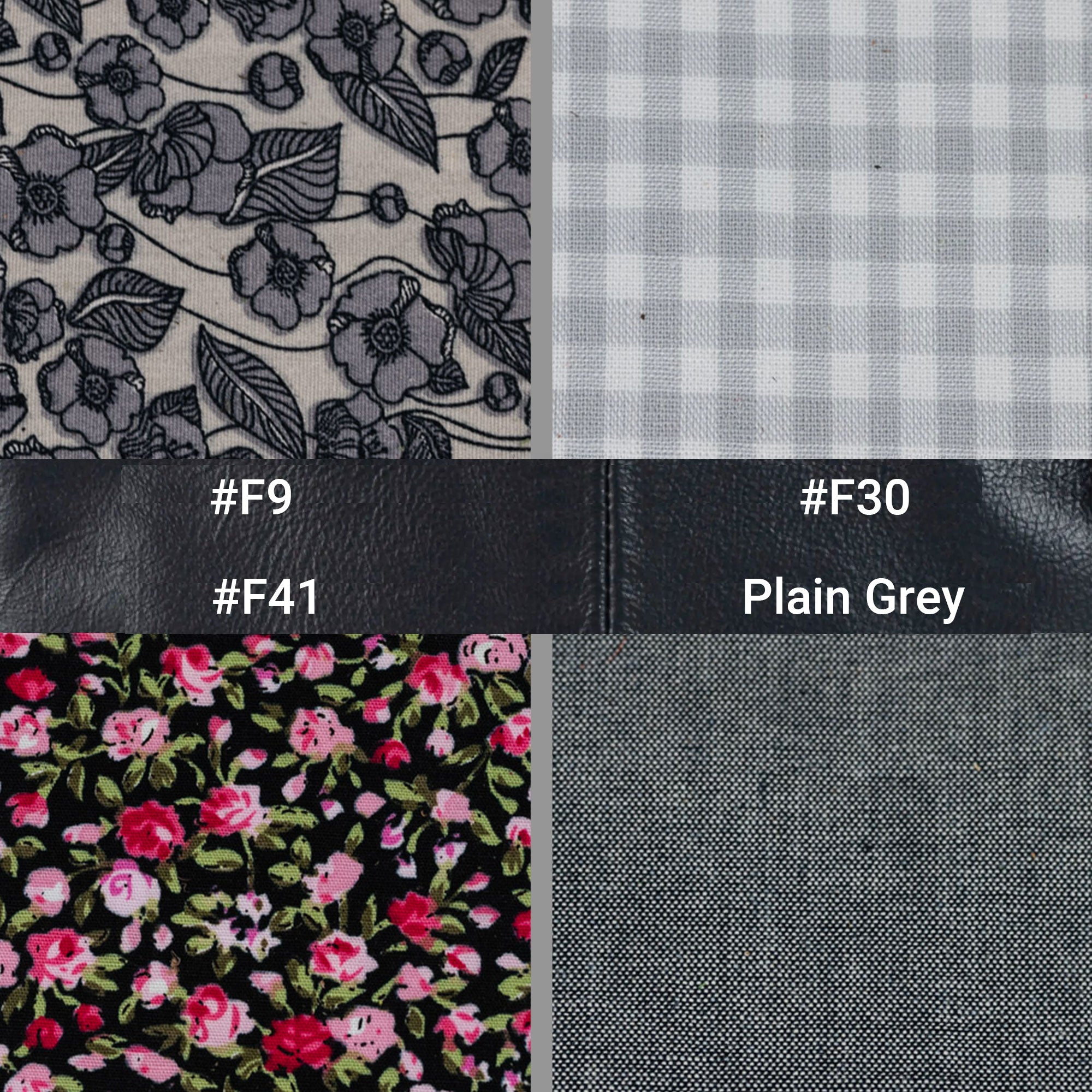 Fabric swatches with floral, checkered, and plain patterns labeled with color codes.