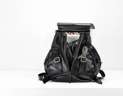 Black leather backpack on a white background
