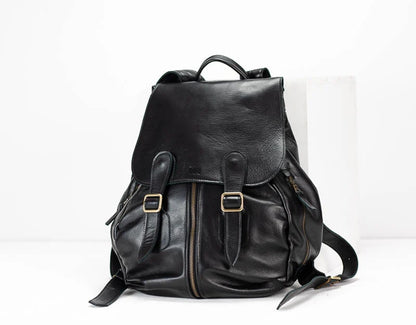 Black leather backpack on a white background