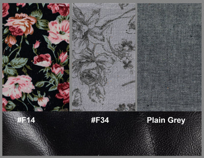 Fabric swatches with floral pattern, textured pattern, and plain gray fabric.