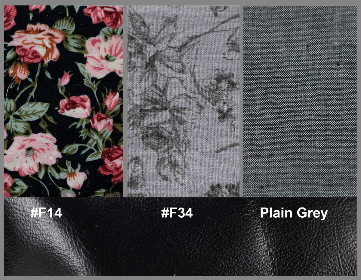 Fabric swatches with floral pattern, textured pattern, and plain gray fabric.#color_black