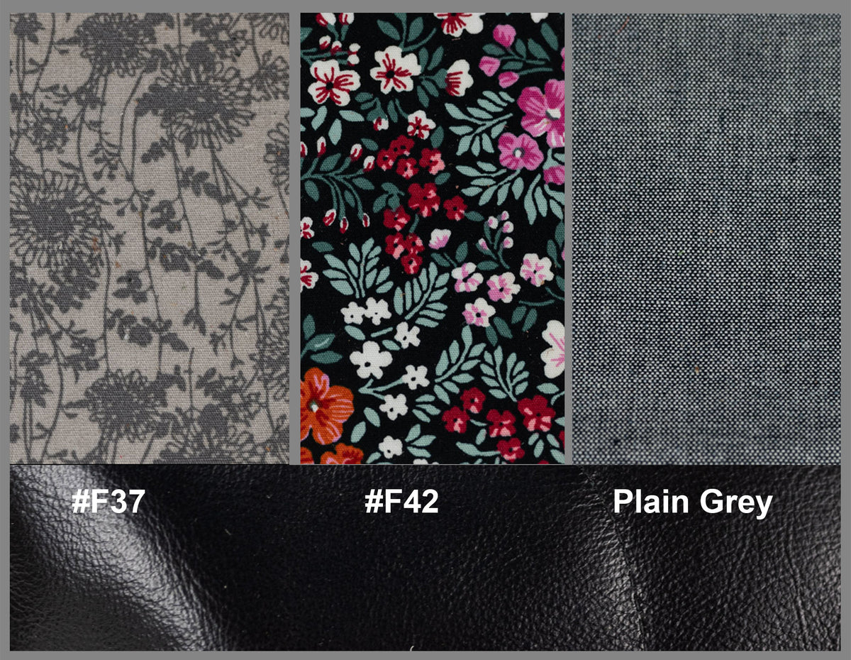Fabric swatches including floral pattern, plain gray, and black leather texture with color codes.#color_black