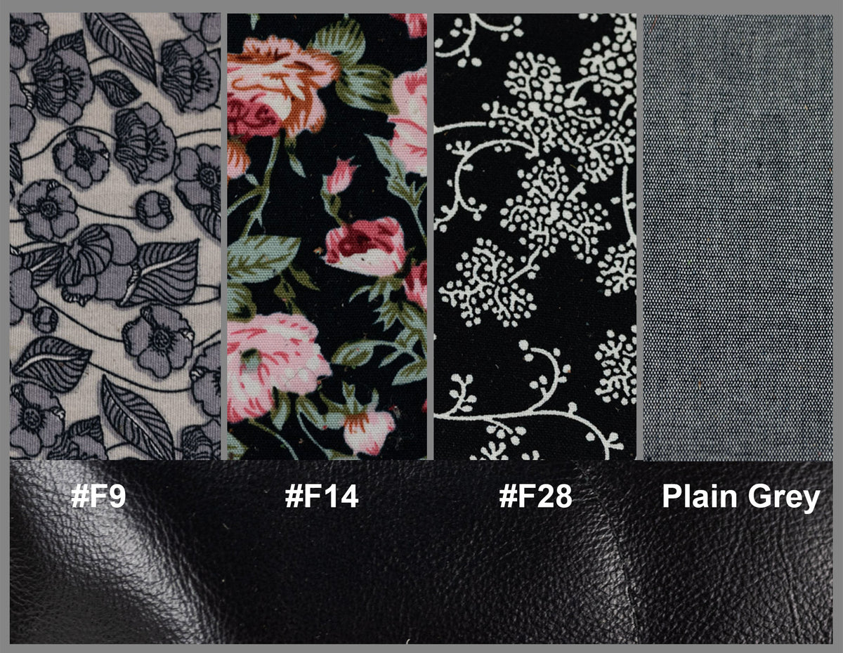 Fabric swatches with floral and leaf patterns alongside plain gray fabric, labeled with color codes.#color_black