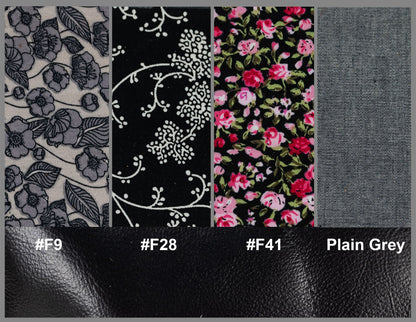 Fabric swatches with floral, geometric, and plain patterns on a gray background.