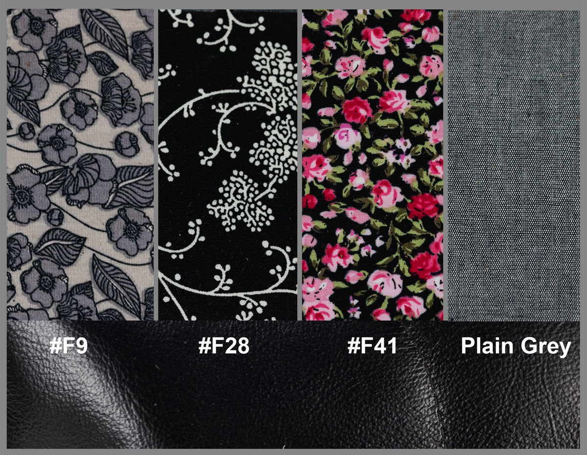Fabric swatches with floral, geometric, and plain patterns on a gray background.#color_black