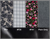 Fabric swatches with floral, checkered, and plain patterns alongside color codes.
