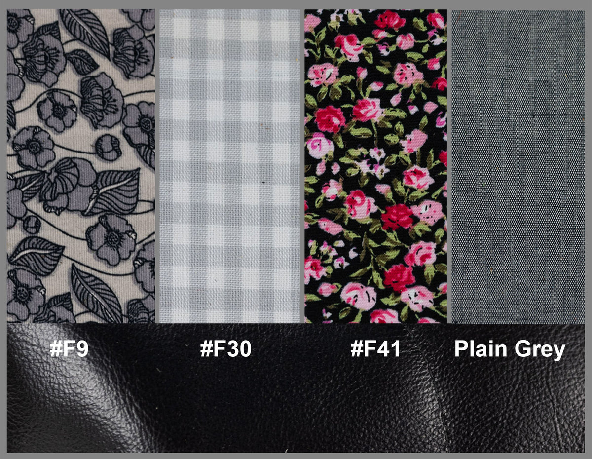Fabric swatches with floral, checkered, and plain patterns alongside color codes.#color_black