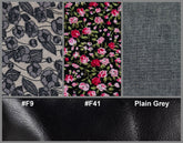 Fabric swatches with floral pattern, pink roses on black, plain gray, and leather texture.