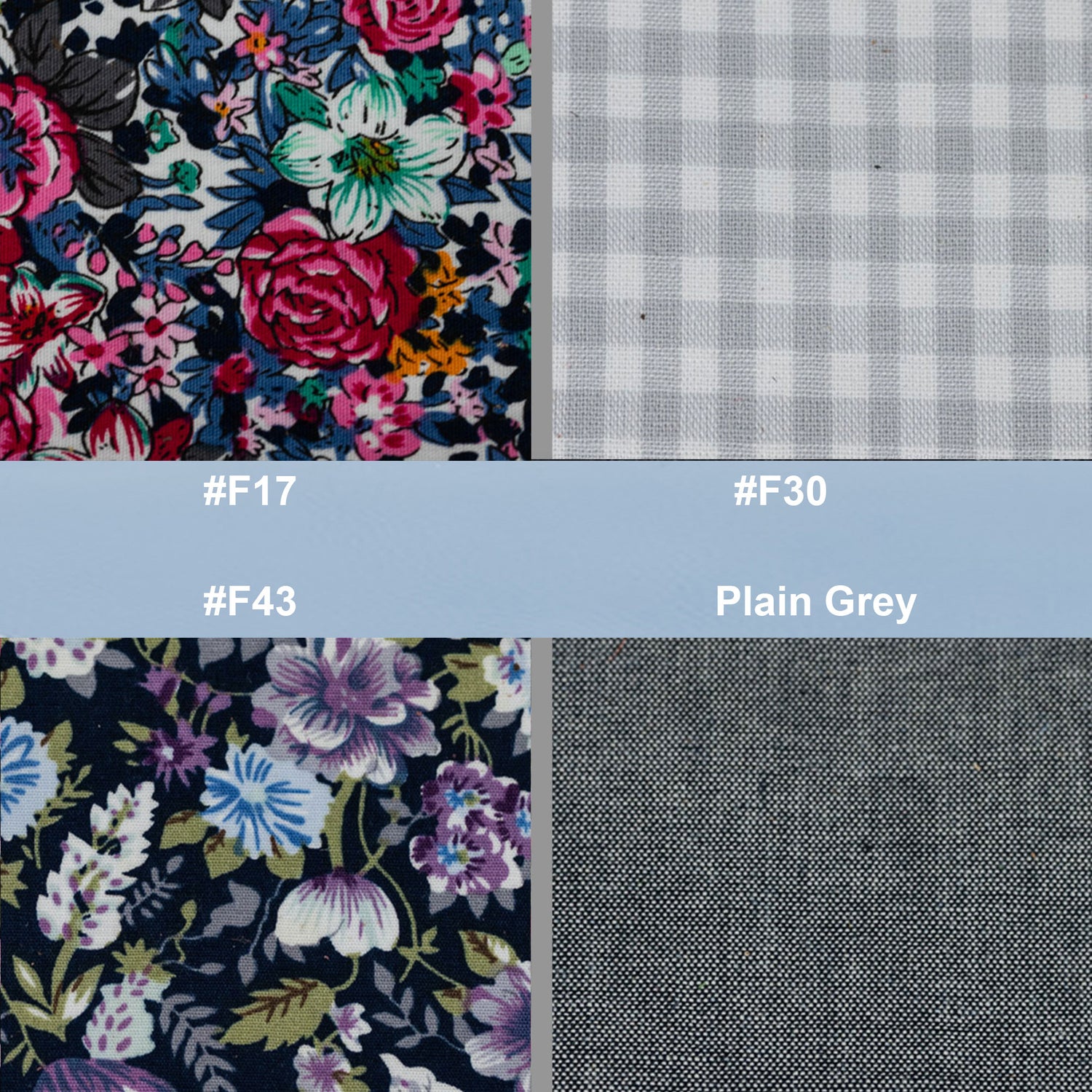 Fabric swatches with floral patterns and plain gray fabric, labeled with color codes.