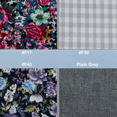 Fabric swatches with floral patterns and plain gray fabric, labeled with color codes.