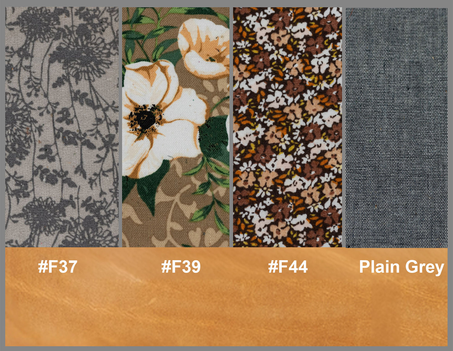 Fabric swatches with floral and abstract patterns and color codes.