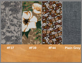 Fabric swatches with floral and abstract patterns and color codes.