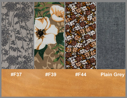 Fabric swatches with floral and abstract patterns and color codes.