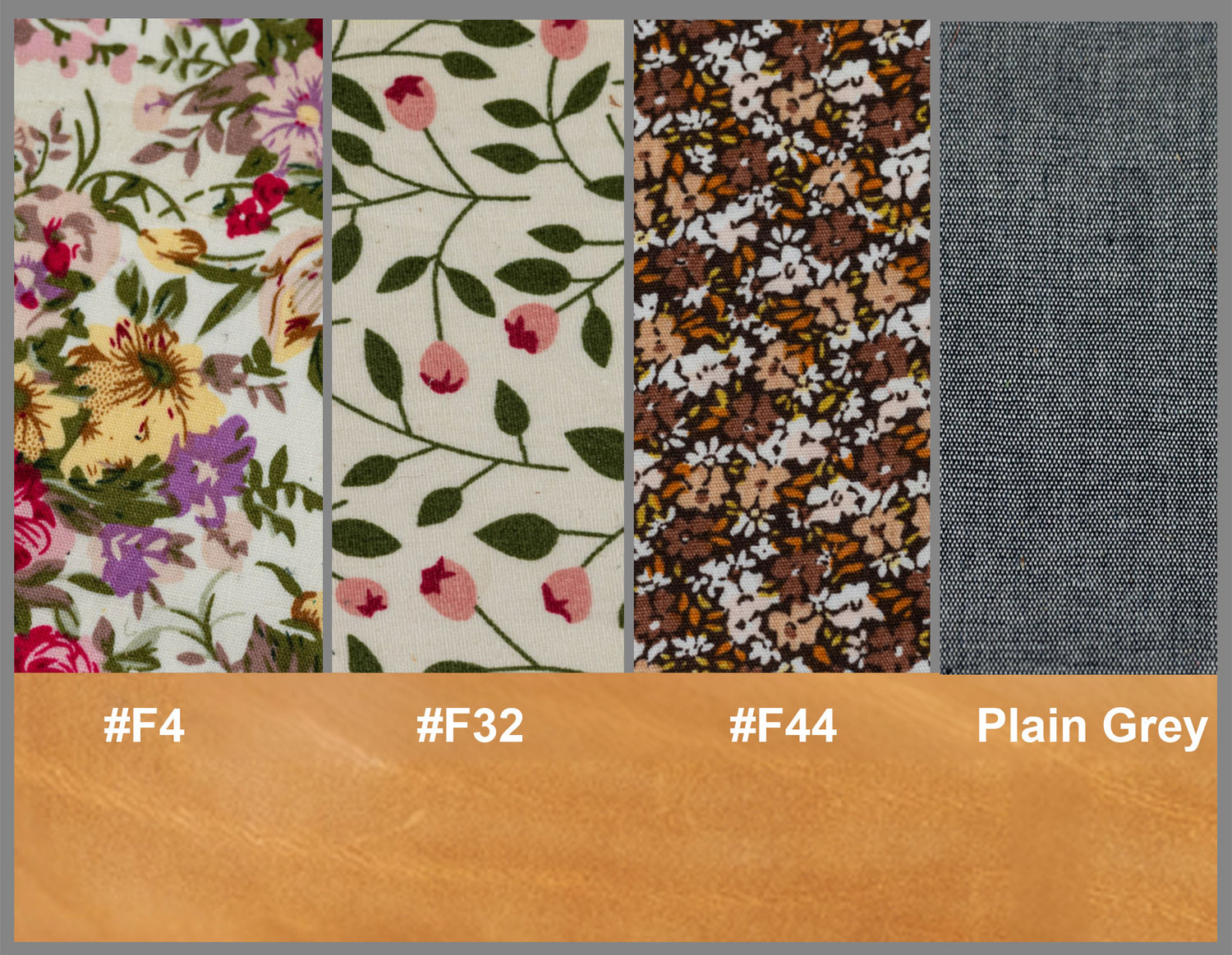Fabric swatches with floral and patterned designs alongside plain gray fabric, with color codes below.