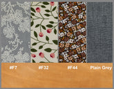 Four fabric swatches with different patterns and a color bar below.