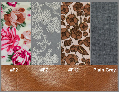 Fabric swatches with floral, patterned, and plain textures labeled with color codes.